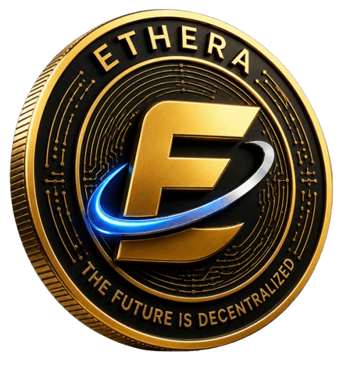 Ethera golden coin with a stylized letter E and circuitry